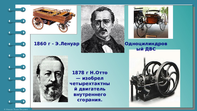 1860 г - Э.Ленуар Одноцилиндровый ДВС 1878 г Н.Отто — изобрел четырехтактный двигатель внутреннего сгорания.  