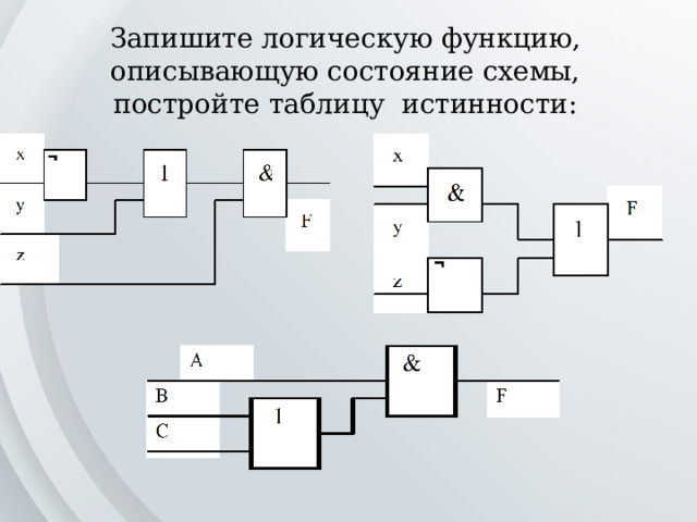 Запишите логическую функцию, описывающую состояние схемы, постройте таблицу истинности: 