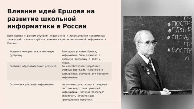  Влияние идей Ершова на развитие школьной информатики в России Идеи Ершова о раннем обучении информатике и использовании современных технологий оказали глубокое влияние на развитие школьной информатики в России. Введение информатики в школьную программу Благодаря усилиям Ершова, информатика была включена в школьную программу в 1980-х годах. Развитие образовательных ресурсов Он способствовал разработке учебных программ, учебников и электронных ресурсов для обучения информатике. Подготовка учителей информатики Он активно участвовал в создании системы подготовки учителей информатики, которая позволила обеспечить качественное преподавание предмета. 