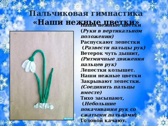 Пальчиковая гимнастика «Наши нежные цветки» Наши нежные цветки ( Руки в вертикальном положении) Распускают лепестки  ( Развести пальцы рук) Ветерок чуть дышит , (Ритмичные движения пальцев рук) Лепестки колышет.   Наши нежные цветки Закрывают лепестки . (Соединить пальцы вместе) Тихо засыпают,    ( Небольшие покачивания рук со сжатыми пальцами ) Головой качают.     