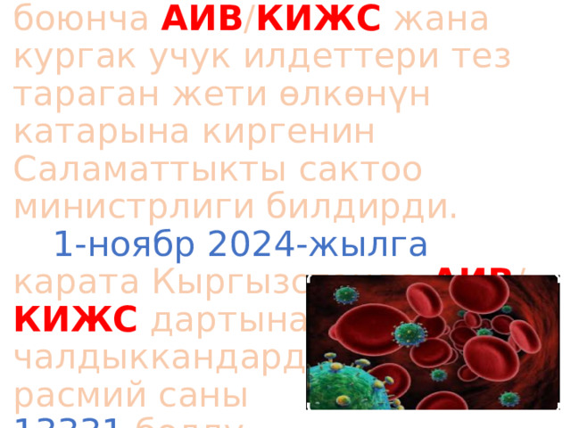  Кыргызстан дүйнө жүзү боюнча АИВ / КИЖС жана кургак учук илдеттери тез тараган жети өлкөнүн катарына киргенин Саламаттыкты сактоо министрлиги билдирди.    1-ноябр 2024-жылга карата Кыргызстанда АИВ / КИЖС дартына чалдыккандардын  расмий саны  13331 болду. 