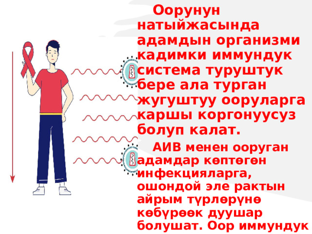 Оорунун натыйжасында адамдын организми кадимки иммундук система туруштук бере ала турган жугуштуу ооруларга каршы коргонуусуз болуп калат. АИВ менен ооруган адамдар көптөгөн инфекцияларга, ошондой эле рактын айрым түрлөрүнө көбүрөөк дуушар болушат. Оор иммундук жетишсиздик менен коштолгон АИВ менен ооруган адамдардын оорулары оппортунисттик инфекциялар деп аталат.  