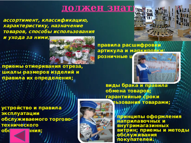 должен знать: ассортимент, классификацию, характеристику, назначение товаров, способы использования и ухода за ними; правила расшифровки артикула и маркировки; розничные цены; приемы отмеривания отреза, шкалы размеров изделий и правила их определения; виды брака и правила обмена товаров; гарантийные сроки пользования товарами; устройство и правила эксплуатации обслуживаемого торгово-технического оборудования; принципы оформления наприлавочных и внутримагазинных витрин; приемы и методы обслуживания покупателей. 