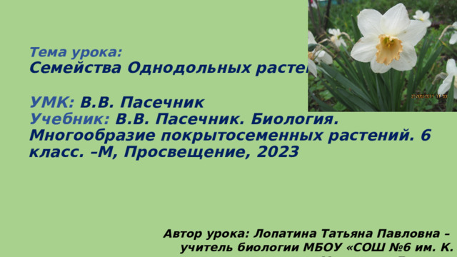 Тема урока:  Семейства Однодольных растений.   УМК: В.В. Пасечник  Учебник: В.В. Пасечник. Биология. Многообразие покрытосеменных растений. 6 класс. –М, Просвещение, 2023  Автор урока: Лопатина Татьяна Павловна –  учитель биологии МБОУ «СОШ №6 им. К. Минина» г. Балахны 