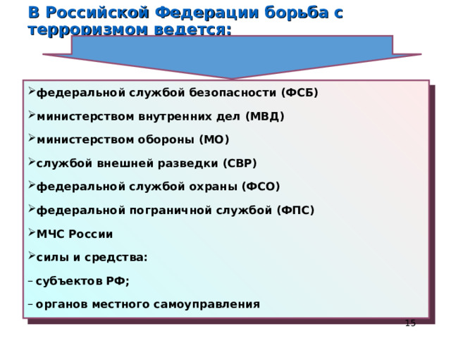 В Российской Федерации борьба с терроризмом ведется:  федеральной службой безопасности (ФСБ) министерством внутренних дел (МВД) министерством обороны (МО) службой внешней разведки (СВР) федеральной службой охраны (ФСО) федеральной пограничной службой (ФПС) МЧС России силы и средства: субъектов РФ; органов местного самоуправления  8 