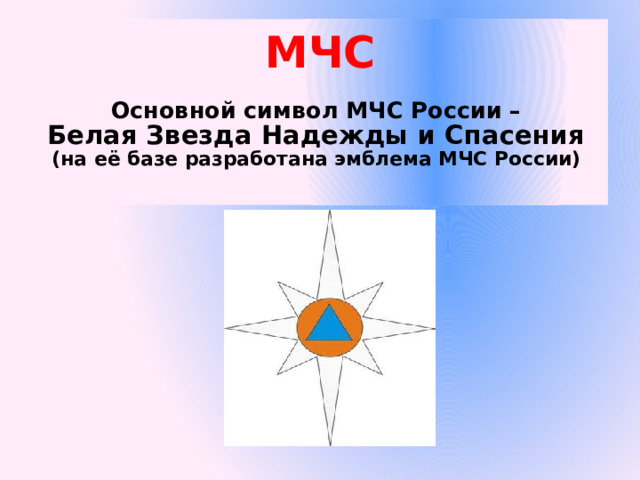 МЧС   Основной символ МЧС России –  Белая Звезда Надежды и Спасения   (на её базе разработана эмблема МЧС России)   