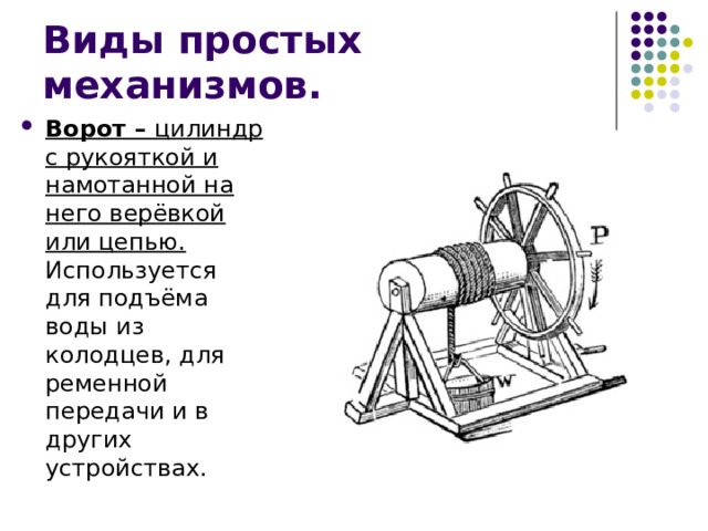 Ворот – цилиндр с рукояткой и намотанной на него верёвкой или цепью.  Используется для подъёма воды из колодцев, для ременной передачи и в других устройствах. 