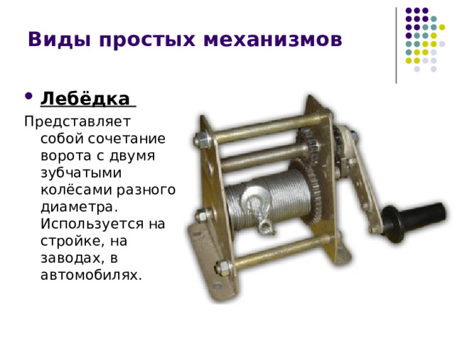 Виды простых механизмов Лебёдка Представляет собой сочетание ворота с двумя зубчатыми колёсами разного диаметра. Используется на стройке, на заводах, в автомобилях. 