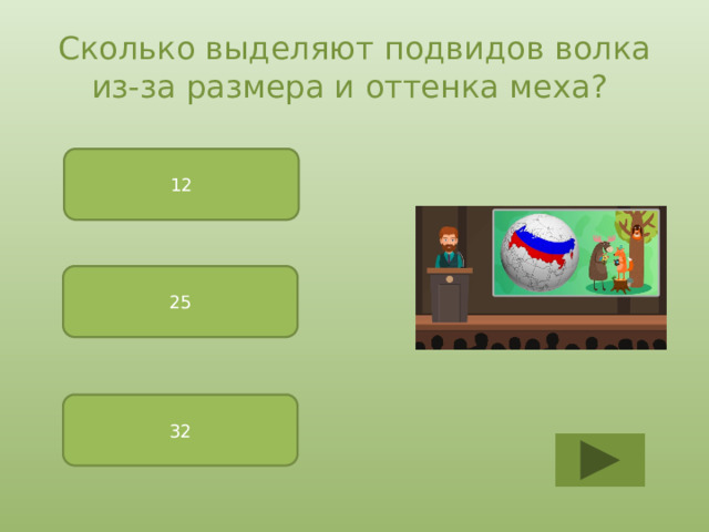 Сколько выделяют подвидов волка из-за размера и оттенка меха? 12 25 32 