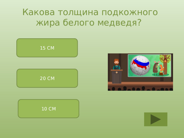Какова толщина подкожного жира белого медведя? 15 СМ 20 СМ 10 СМ 