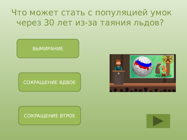 Что может стать с популяцией умок через 30 лет из-за таяния льдов? ВЫМИРАНИЕ СОКРАЩЕНИЕ ВДВОЕ СОКРАЩЕНИЕ ВТРОЕ 