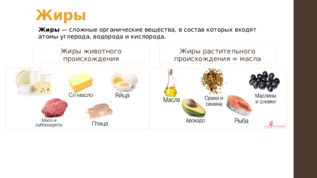 Жиры Жиры — сложные органические вещества, в состав которых входят атомы углерода, водорода и кислорода. Жиры животного происхождения Жиры растительного происхождения = масла 