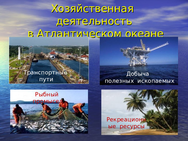 Хозяйственная деятельность  в Атлантическом океане Транспортные пути Добыча полезных ископаемых Рыбный промысел Рекреационные ресурсы 