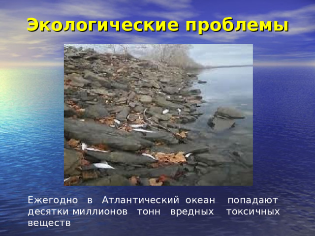 Экологические проблемы Ежегодно в Атлантический океан попадают десятки миллионов тонн вредных токсичных веществ 
