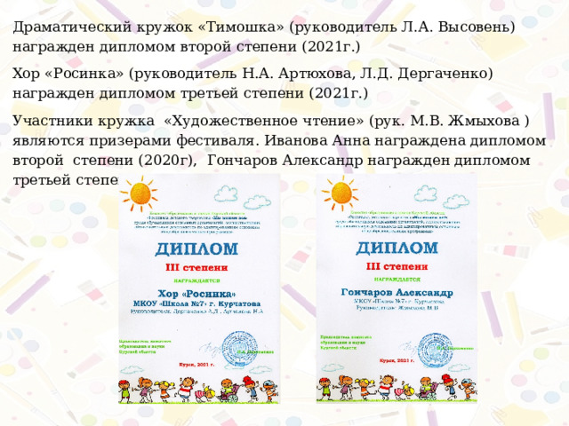 Драматический кружок «Тимошка» (руководитель Л.А. Высовень) награжден дипломом второй степени (2021г.) Хор «Росинка» (руководитель Н.А. Артюхова, Л.Д. Дергаченко) награжден дипломом третьей степени (2021г.) Участники кружка «Художественное чтение» (рук. М.В. Жмыхова ) являются призерами фестиваля. Иванова Анна награждена дипломом второй степени (2020г), Гончаров Александр награжден дипломом третьей степени (2021г). 