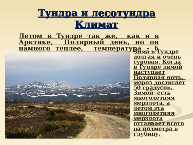 Тундра и лесотундра  Климат  Летом в Тундре так же, как и в Арктике, Полярный день, но он намного теплее, температура - 6 градусов тепла.  Зима в Тундре долгая и очень суровая. Когда в Тундре зимой наступает Полярная ночь, мороз достигает 50 градусов. Зимой есть многолетняя мерзлота, а летом эта многолетняя мерзлота оттаивает всего на полметра в глубину. 