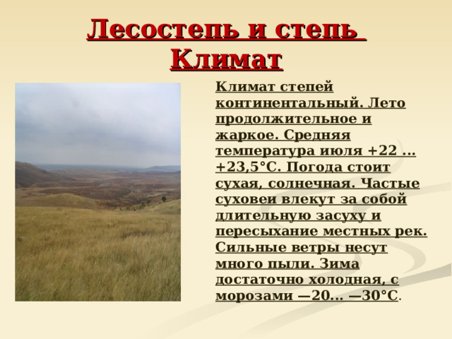 Лесостепь и степь  Климат  Климат степей континентальный. Лето продолжительное и жаркое. Средняя температура июля +22 ... +23,5°С. Погода стоит сухая, солнечная. Частые суховеи влекут за собой длительную засуху и пересыхание местных рек. Сильные ветры несут много пыли. Зима достаточно холодная, с морозами —20... —30°С . 