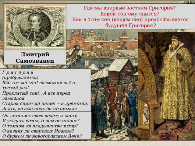 Где мы впервые застаем Григория? Какой сон ему снится? Как в этом сне (вещем сне) предсказывается будущее Григория? Дмитрий Самозванец Г р и г о р и й (пробуждается) Все тот же сон! возможно ль? в третий раз! Проклятый сон!.. А все перед лампадой Старик сидит да пишет – и дремотой, Знать, во всю ночь он не смыкал очей . Он летопись свою ведет; и часто Я угадать хотел, о чем он пишет? О темном ли владычестве татар? О казнях ли свирепых Иоанна? О бурном ли новогородском Вече? 