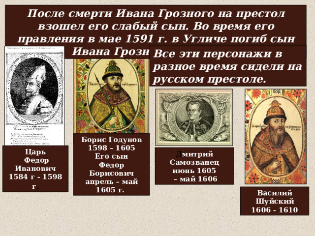После смерти Ивана Грозного на престол взошел его слабый сын. Во время его правления в мае 1591 г. в Угличе погиб сын Ивана Грозного Димитрий. Все эти персонажи в разное время сидели на русском престоле. Борис Годунов 1598 – 1605 Его сын Федор Борисович апрель – май 1605 г. Царь  Федор Иванович 1584 г - 1598 г . Д митрий Самозванец июнь 1605 – май 1606 Василий Шуйский 1606 - 1610 
