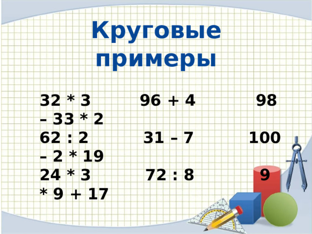 Круговые примеры 32 * 3 96 + 4 98 – 33 * 2 62 : 2 31 – 7 100 – 2 * 19 24 * 3 72 : 8 9 * 9 + 17 