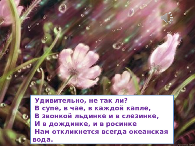  Удивительно, не так ли?  В супе, в чае, в каждой капле,  В звонкой льдинке и в слезинке,  И в дождинке, и в росинке  Нам откликнется всегда океанская вода. 