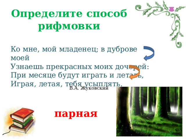Определите способ рифмовки Ко мне, мой младенец; в дуброве моей  Узнаешь прекрасных моих дочерей:  При месяце будут играть и летать,  Играя, летая, тебя усыплять. В.А. Жуковский парная 