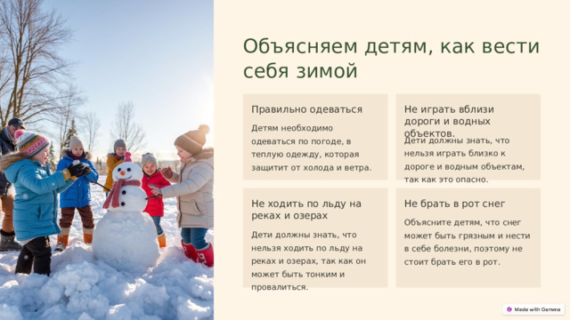  Объясняем детям, как вести себя зимой Правильно одеваться Не играть вблизи дороги и водных объектов. Детям необходимо одеваться по погоде, в теплую одежду, которая защитит от холода и ветра. Дети должны знать, что нельзя играть близко к дороге и водным объектам, так как это опасно. Не ходить по льду на реках и озерах Не брать в рот снег Объясните детям, что снег может быть грязным и нести в себе болезни, поэтому не стоит брать его в рот. Дети должны знать, что нельзя ходить по льду на реках и озерах, так как он может быть тонким и провалиться. 