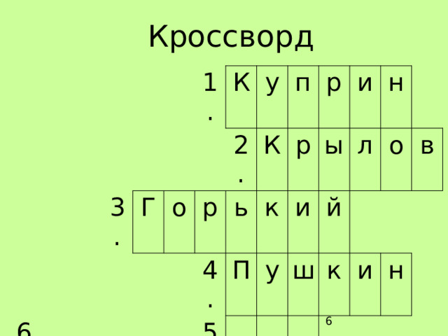 Кроссворд 6. 3. 1. Г о К 2. у р 4. К п ь к р 5. П р 7. у и и ы ш й н л к о в и н  