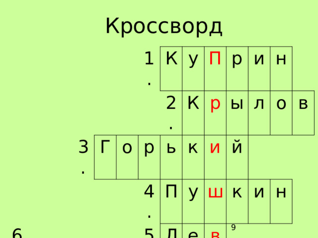 Кроссворд 6. 3. П 1. Г а о К у у с р 2. 4. ь т К П о к 5. р П р Л 7. и у в ы и ш с е Е й л н к в с к о и е и в н н й и н  