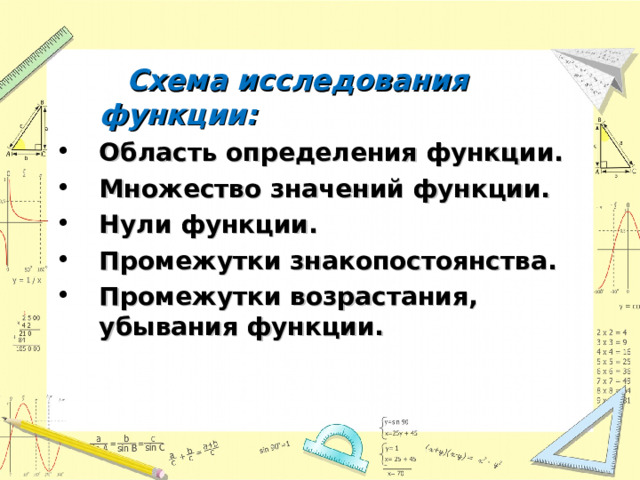  Схема исследования функции: Область определения функции. Множество значений функции. Нули функции. Промежутки знакопостоянства. Промежутки возрастания, убывания функции.   