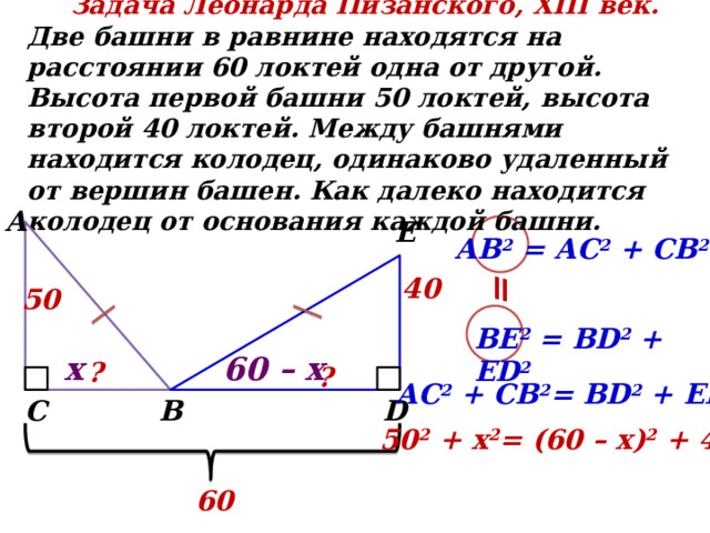Задача Леонарда Пизанского, XIII век. Две башни в равнине находятся на расстоянии 60 локтей одна от другой. Высота первой башни 50 локтей, высота второй 40 локтей. Между башнями находится колодец, одинаково удаленный от вершин башен. Как далеко находится колодец от основания каждой башни. =  А Е АВ 2 = АС 2 + СВ 2 40 50 ВЕ 2 = ВD 2 + ЕD 2 60 – х х ? ? АС 2 + СВ 2 = ВD 2 + ЕD 2 D С В 50 2 + х 2 = (60 – х) 2 + 40 2 60 