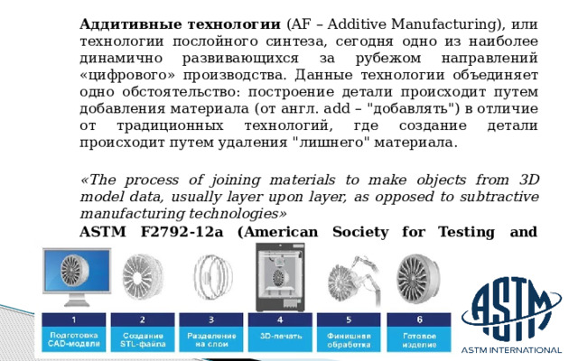 Аддитивные технологии (AF – Additive Manufacturing), или технологии послойного синтеза, сегодня одно из наиболее динамично развивающихся за рубежом направлений «цифрового» производства. Данные технологии объединяет одно обстоятельство: построение детали происходит путем добавления материала (от англ. аdd – 