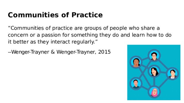 Communities  of  Practice “ Communities  of  practice  are  groups  of  people  who  share  a  concern  or  a passion  for  something  they  do  and  learn  how  to  do  it  better  as  they interact  regularly.” -- Wenger- Trayner  &  Wenger- Trayner,  2015 