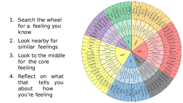 Search the wheel for a  feeling you  know Look nearby for similar  feelings Look to  the middle for  the  core feeling Reﬂect on what that  tells you about how  you’re feeling 