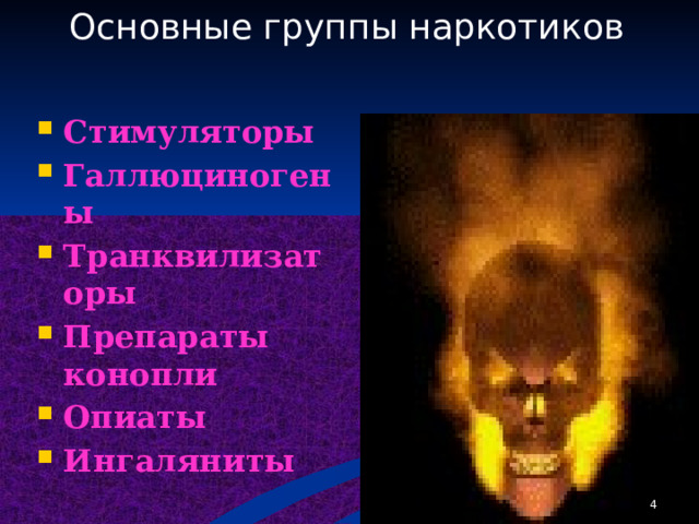 Основные группы наркотиков  Стимуляторы Галлюциногены Транквилизаторы Препараты конопли Опиаты Ингаляниты   