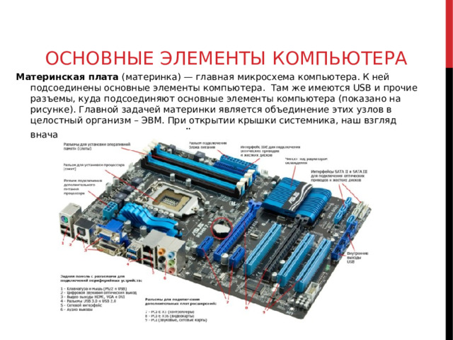 ОСНОВНЫЕ ЭЛЕМЕНТЫ КОМПЬЮТЕРА Материнская плата  (материнка) — главная микросхема компьютера. К ней подсоединены основные элементы компьютера.  Там же имеются USB и прочие разъемы, куда подсоединяют основные элементы компьютера (показано на рисунке). Главной задачей материнки является объединение этих узлов в целостный организм – ЭВМ. При открытии крышки системника, наш взгляд вначале падает именно на неё.  
