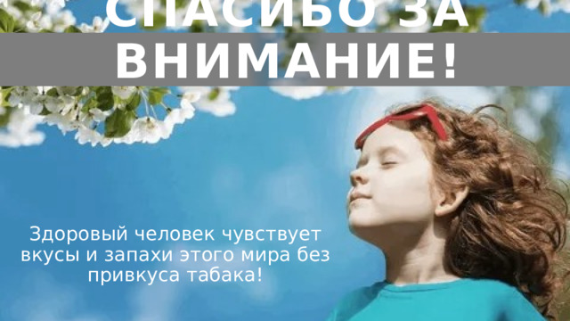 Спасибо за внимание! Здоровый человек чувствует вкусы и запахи этого мира без привкуса табака! 