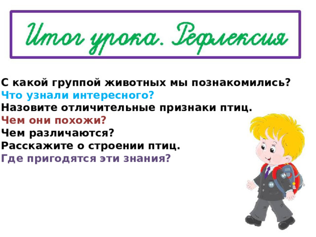 С какой группой животных мы познакомились? Что узнали интересного? Назовите отличительные признаки птиц. Чем они похожи? Чем различаются? Расскажите о строении птиц. Где пригодятся эти знания? 
