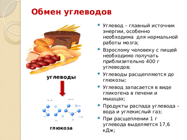 Обмен углеводов Углевод – главный источник энергии, особенно необходима для нормальной работы мозга; Взрослому человеку с пищей необходимо получать приблизительно 400 г углеводов; Углеводы расщепляются до глюкозы; Углевод запасается в виде гликогена в печени и мышцах; Продукты распада углевода – вода и углекислый газ; При расщеплении 1 г углевода выделяется 17,6 кДж; углеводы глюкоза 