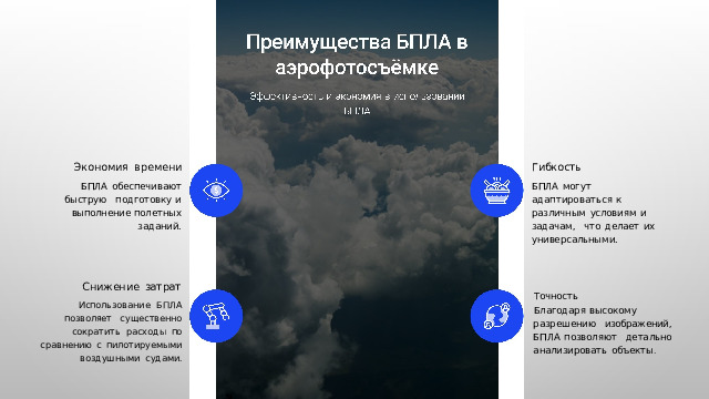 Экономия  времени Гибкость БПЛА  обеспечивают  быструю  подготовку  и  выполнение  полетных БПЛА  могут  адаптироваться к  различным  условиям  и  задачам,  что  делает  их  универсальными. заданий. Снижение  затрат Использование  БПЛА  позволяет  существенно  сократить  расходы  по  сравнению  с  пилотируемыми  воздушными  судами. Точность Благодаря  высокому  разрешению  изображений,  БПЛА  позволяют  детально  анализировать  объекты . 