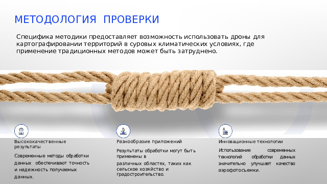 Методология  проверки Специфика методики предоставляет возможность использовать дроны для картографировании территорий в суровых климатических условиях, где применение традиционных методов может быть затруднено. Высококачественные  результаты Разнообразие  приложений Инновационные  технологии Современные  методы  обработки  данных  обеспечивают  точность  и  надежность получаемых  данных. Результаты  обработки  могут  быть  применены  в Использование  современных  технологий  обработки  данных  значительно  улучшает качество  аэрофотосъемки. различных  областях,  таких  как  сельское хозяйство и  градостроительство . 