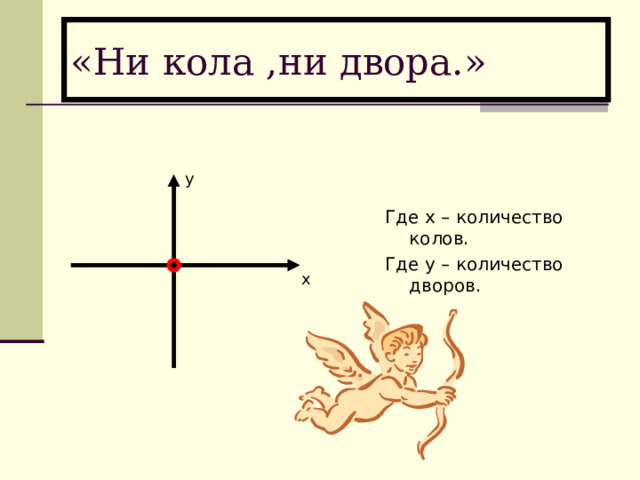 «Ни кола ,ни двора.» y Где х – количество колов. Где у – количество дворов. x 