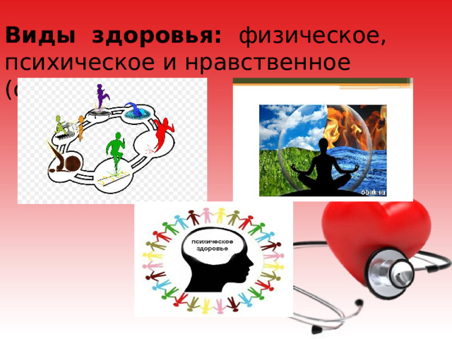 Виды здоровья: физическое, психическое и нравственное (социальное). 