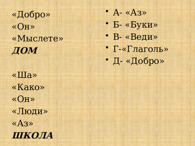 А- «Аз» Б- «Буки» В- «Веди» Г-«Глаголь» Д- «Добро» «Добро» «Он» «Мыслете» ДОМ «Ша» «Како» «Он» «Люди» «Аз» ШКОЛА 