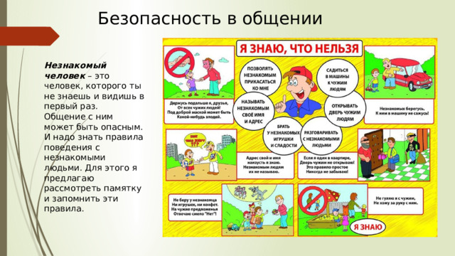 Безопасность в общении Незнакомый человек – это человек, которого ты не знаешь и видишь в первый раз. Общение с ним может быть опасным. И надо знать правила поведения с незнакомыми людьми. Для этого я предлагаю рассмотреть памятку и запомнить эти правила. 
