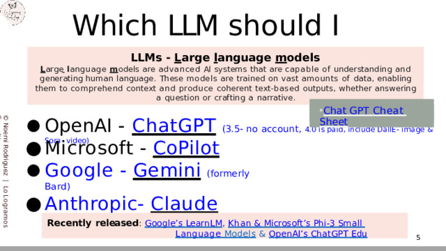 Which  LLM  should  I  use? LLMs  -  L arge  l anguage  m odels L arge  l anguage  m odels  are  advanced  AI  systems  that  are  capable  of  understanding  and  generating human  language.  These  models  are  trained  on  vast  amounts  of  data,  enabling  them  to  comprehend context  and  produce  coherent  text- based  outputs,  whether  answering a  question  or  crafting  a  narrative. * Chat  GPT Cheat  Sheet OpenAI  -  ChatGPT  (3.5-  no  account,  4.0  is  paid,  include  DallE-  image  &  Sora-  video) ©  Noemi  Rodriguez  |  Lo  Logramos  Consulting Microsoft  -  CoPilot Google  -  Gemini  (formerly  Bard) Anthropic-  Claude Recently  released :  Google’s  LearnLM ,  Khan  &  Microsoft’s  Phi-3  Small  Language Models  &  OpenAI’s  ChatGPT  Edu 5 
