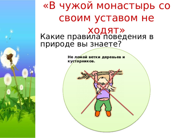 «В чужой монастырь со своим уставом не ходят» Какие правила поведения в природе вы знаете? Не ломай ветки деревьев и кустарников. 