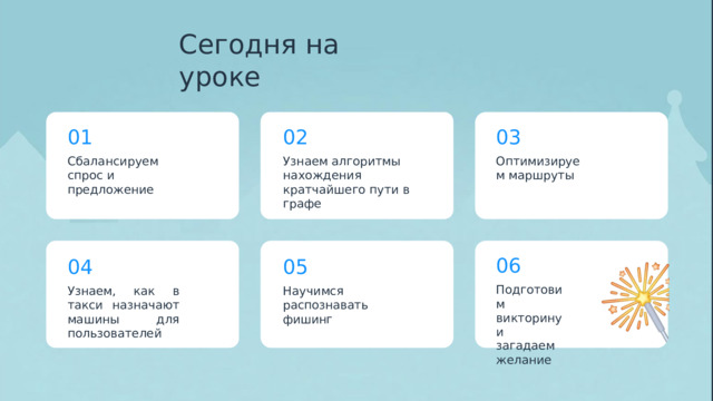 Сегодня  на  уроке 01 02 03 Сбалансируем  спрос и  предложение Узнаем  алгоритмы нахождения  кратчайшего пути  в  графе Оптимизируем маршруты 06 Подготовим викторину и  загадаем желание 04 05 Научимся распознавать  фишинг Узнаем,  как  в  такси назначают  машины для  пользователей 
