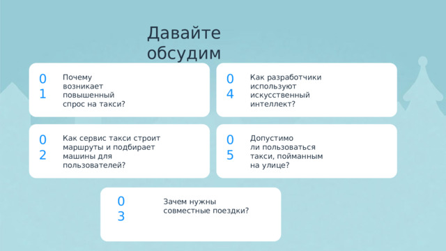 Давайте  обсудим 01 04 Почему  возникает повышенный  спрос на  такси? Как  разработчики используют  искусственный интеллект? 05 02 Как  сервис  такси  строит Допустимо маршруты  и  подбирает  машины для  пользователей? ли  пользоваться такси, пойманным  на  улице? 03 Зачем  нужны  совместные поездки? 