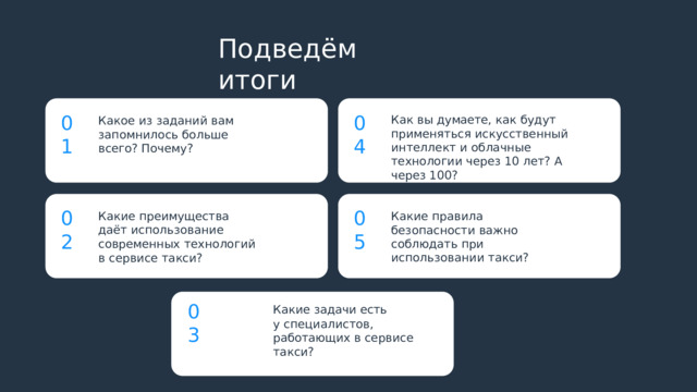 Подведём  итоги 01 04 Какое  из  заданий  вам запомнилось  больше  всего? Почему? Как  вы  думаете,  как  будут применяться  искусственный интеллект  и  облачные  технологии через  10  лет?  А  через  100? 02 05 Какие  преимущества  даёт использование  современных технологий  в  сервисе  такси? Какие  правила  безопасности важно  соблюдать  при использовании  такси? 03 Какие  задачи  есть у  специалистов,  работающих в  сервисе  такси? 